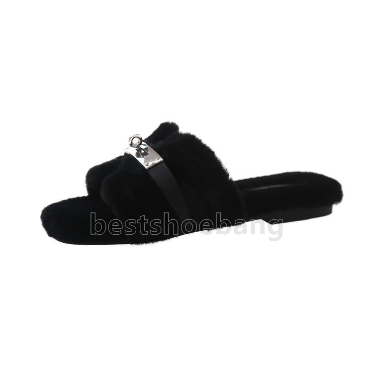 Stylish Plush sandals comfortable Fuzzy Lining slides black white khaki pink Elegant Outdoor Indoor Winter womens slippers Size 35-40