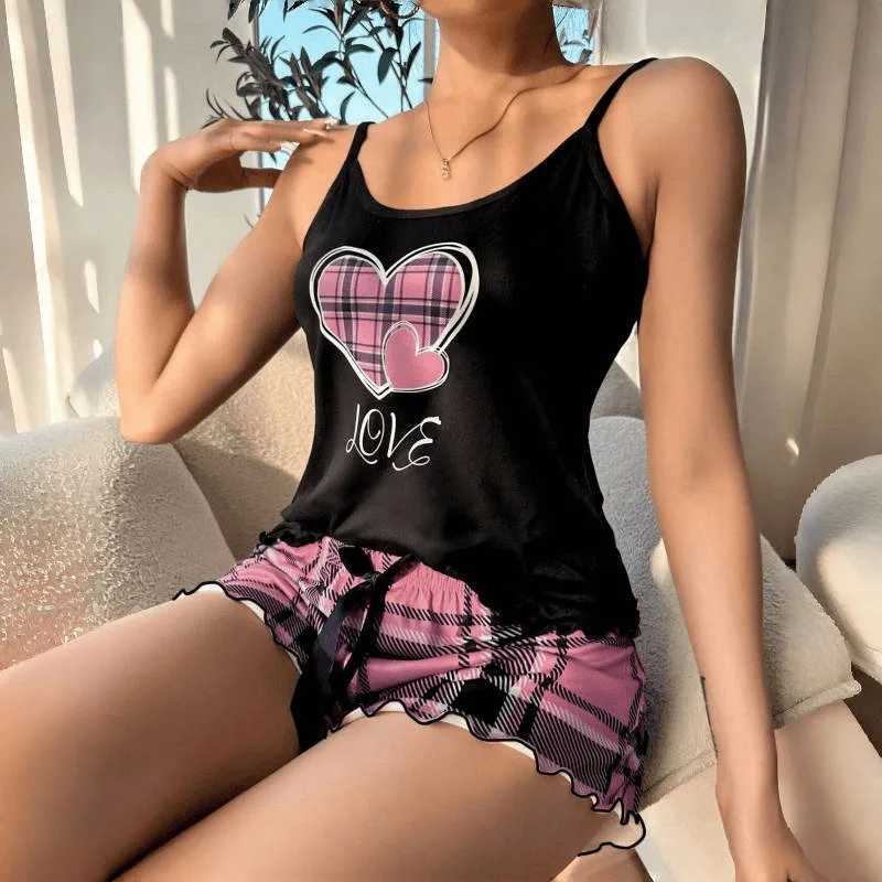 Women Sexy Suspender Shorts Thin Pajamas Letter Print Plaid Shorts Large Pajamas Romantic Home Wear Sexy Nightwear Short PajamaT251014