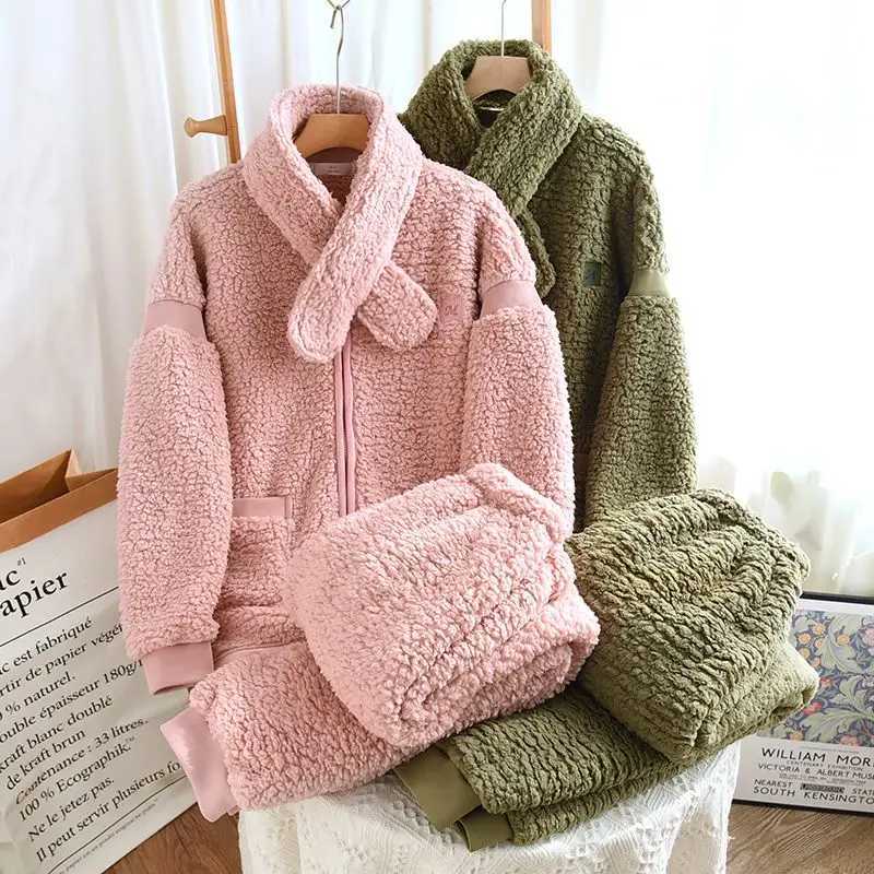 Thickened coral fleece pajamas women autumn winter lambskin fleece scarves home wear warm couple sets fleece can be worn outsideT251014