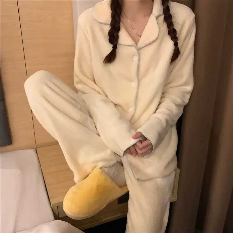 Flannel Womens Pajamas Sets Casual Autumn Winter Sleepwear Velvet Pyjama Ladies Cardigan Simple Bedroom Soft Warm Home Clothes Y251013