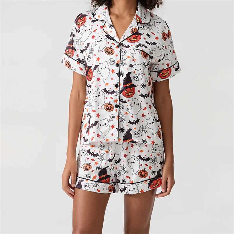 Halloween 2 Piece Pajama Set Women Ghost Pumpkin Graphic Short Pajamas Set Short Sleeve Button Top Comfy Shorts SleepwearT251014