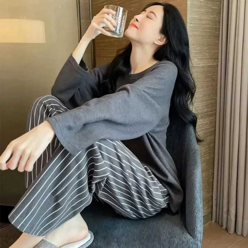 2PCSSet Women Big Size with Chest Pads Pajamas Spring Autumn and Winter LongSleeved Headset Loose Homewear Can Be Worn OutsideT251014