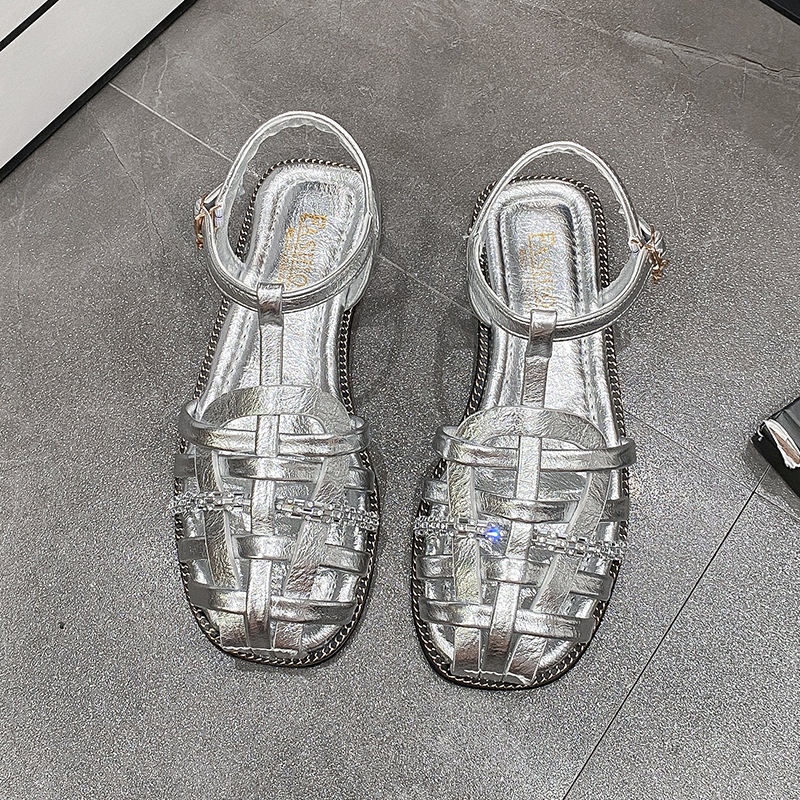 KIDMESTAR 2025 New Designer Slippers Women's Flat Slider Comfort Shoes, Casual Shoes Summer Sandals One-button Rhinestone Woven Niche Retro Beach