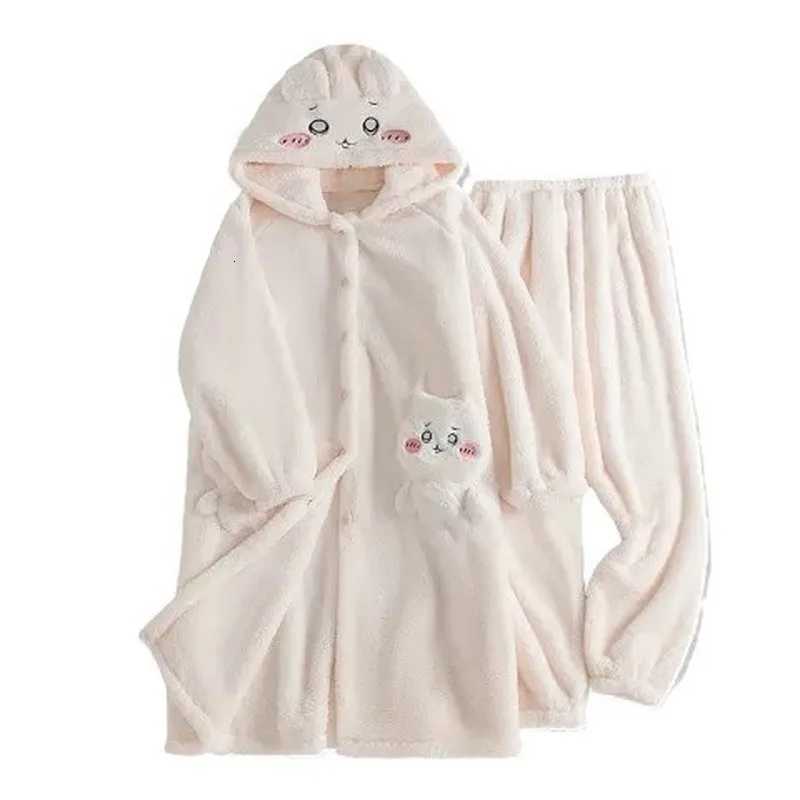 MXxl Miniso Chiikawa Coral Velvet Pajama WomenS Autumn And Winter New Cute Hooded Plush Pajama Sleeping Pants Home Sets Y251013
