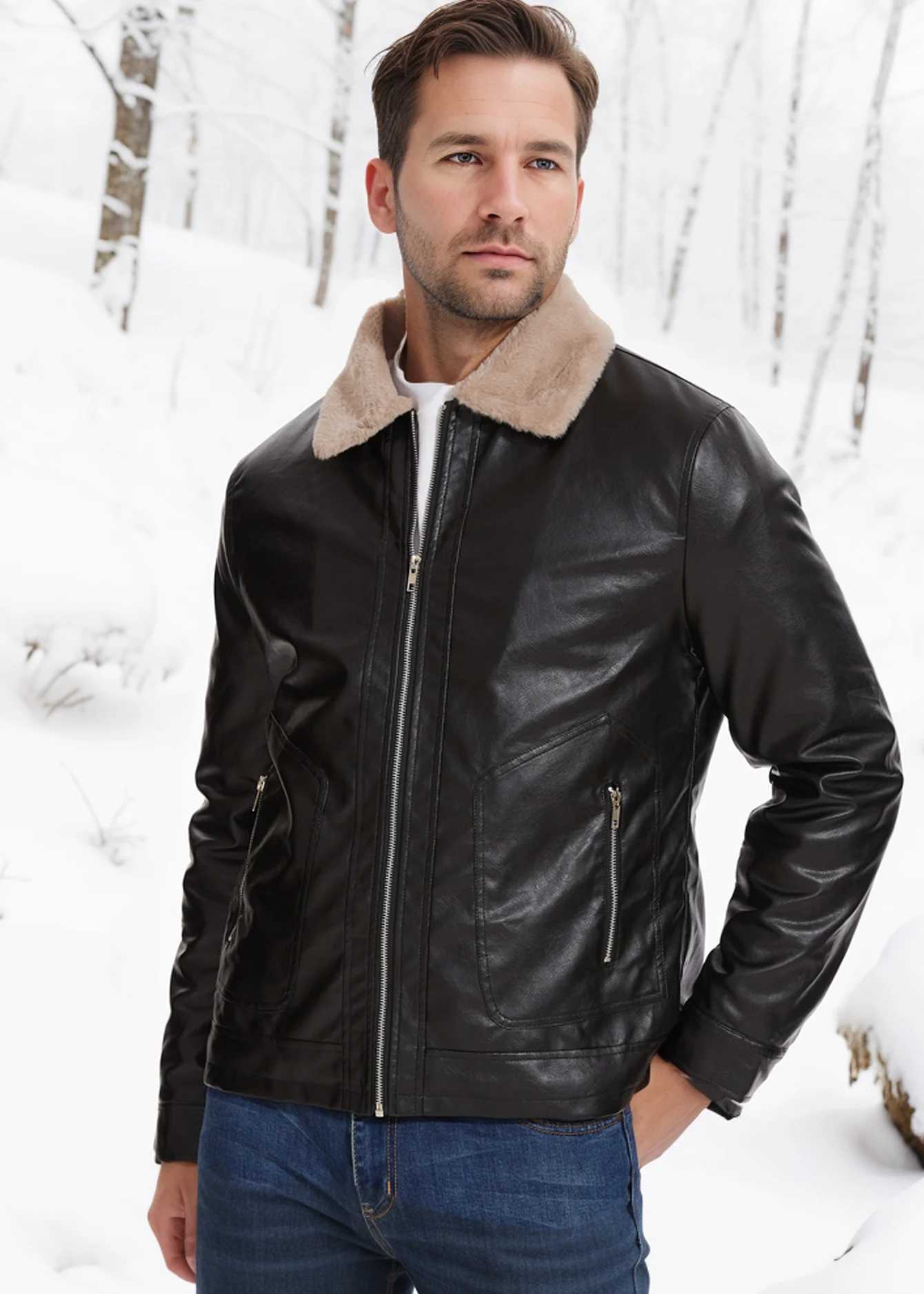 Mens Padded Lapel Leather Jacket Winter Fashion Jacket J251014