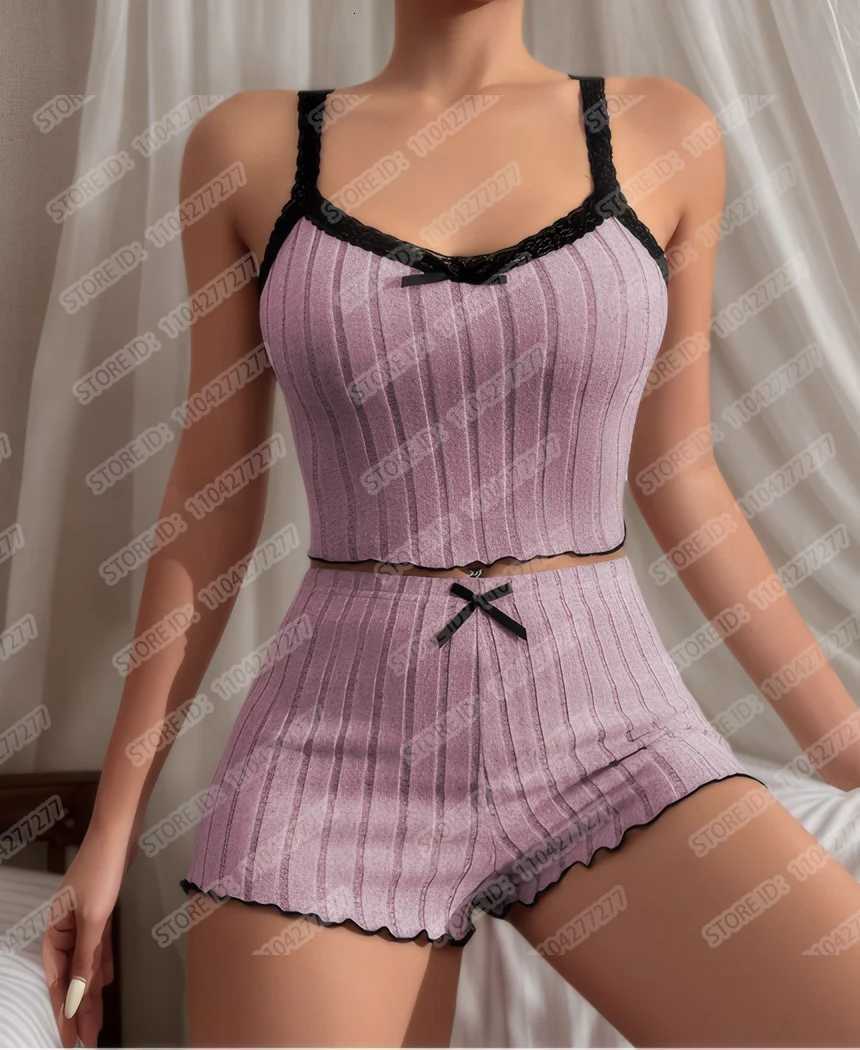 Womens Pajama Suit Suspender Sexy Butterfly Knot Strap Top Shorts Two Piece Set Comfortable Home Wear Spring Summer SleepwearT251014