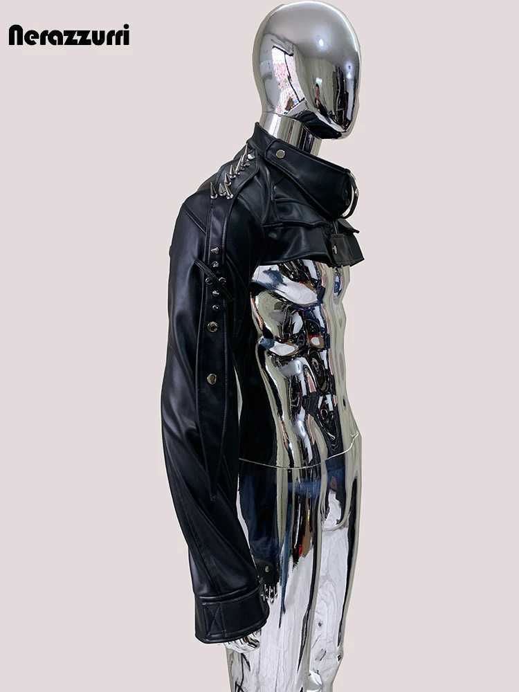 Mauroicardi Cool Black Cropped Pu Leather Jacket Men Rivet Shoulder Pads Zip Up Short Luxury Punk Style Clothes European Fashion J251014