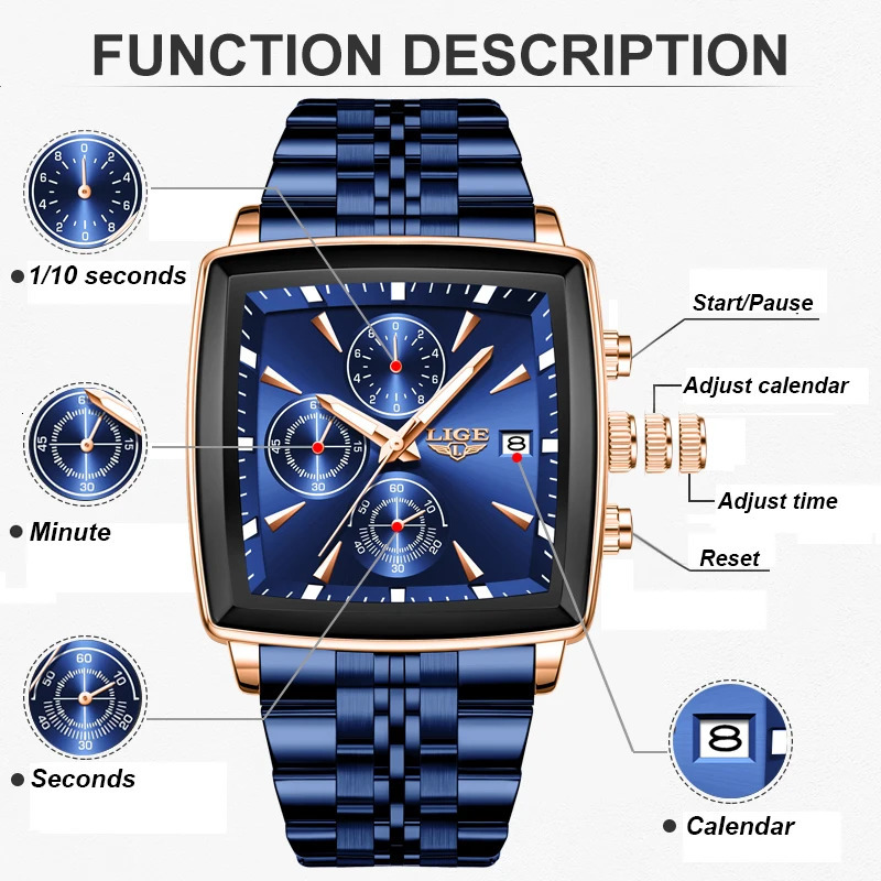 LIGE Top Mens Watches Fashion Military Square Chronograph Quartz Wristwatches For Men Sports Waterproof Watch Men 251011