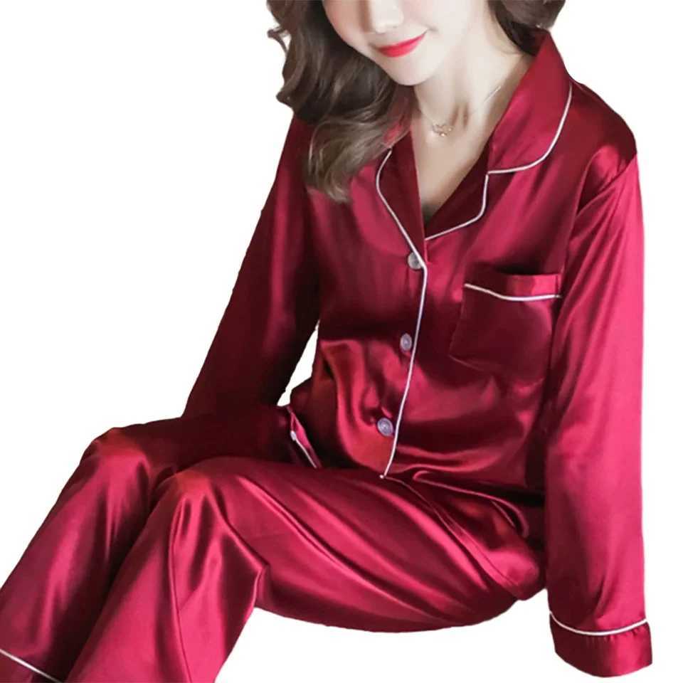 Women Satin Long Sleeve Pajama Set Lapel Top And Pants Solid Pajamas Loungewear 2024 New Arrival DropshippingT251014