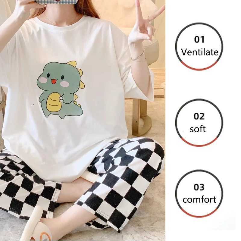 Pyjamas Set for Women Short Sleeves Long Trousers Student Pajamas TwoPiece Round Neck Pullover Plaid Trousers Easy to Clean LadT251014