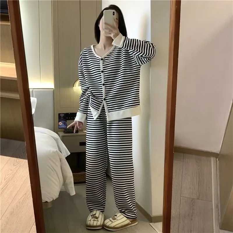 Winter Women Nightwear Striped LongSleeved Trousers Loose and Soft Loungewear Large Size 2 Piece Set Button up Student PajamasT251014