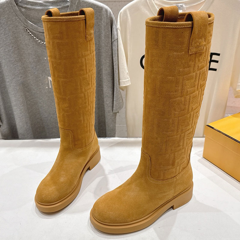 Light brown suede boots 8W8574 Designer winter boots Womens Flyknit Jacquard Knee High Boots Ladie Retro Motorcycle Boot Heel Height 35 mm Sizes 35-41