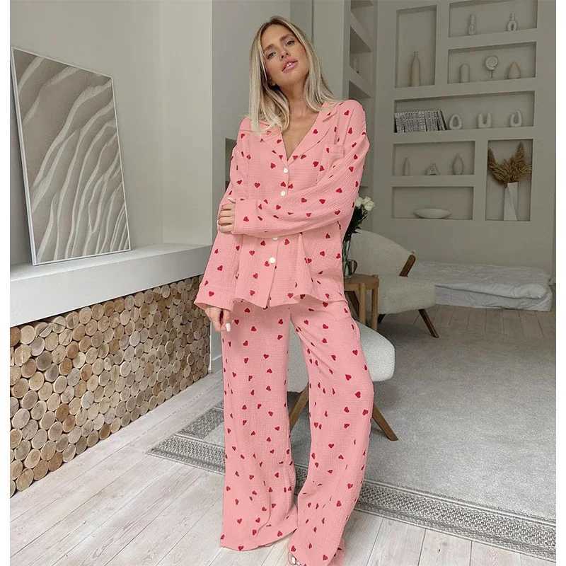 Summer New Love Heart Print Pyjama 100 Cotton Long Sleeve Set 2Pcs Outfit Lapel Sleepwear Button Down Womens Pajamas NightwearT251014