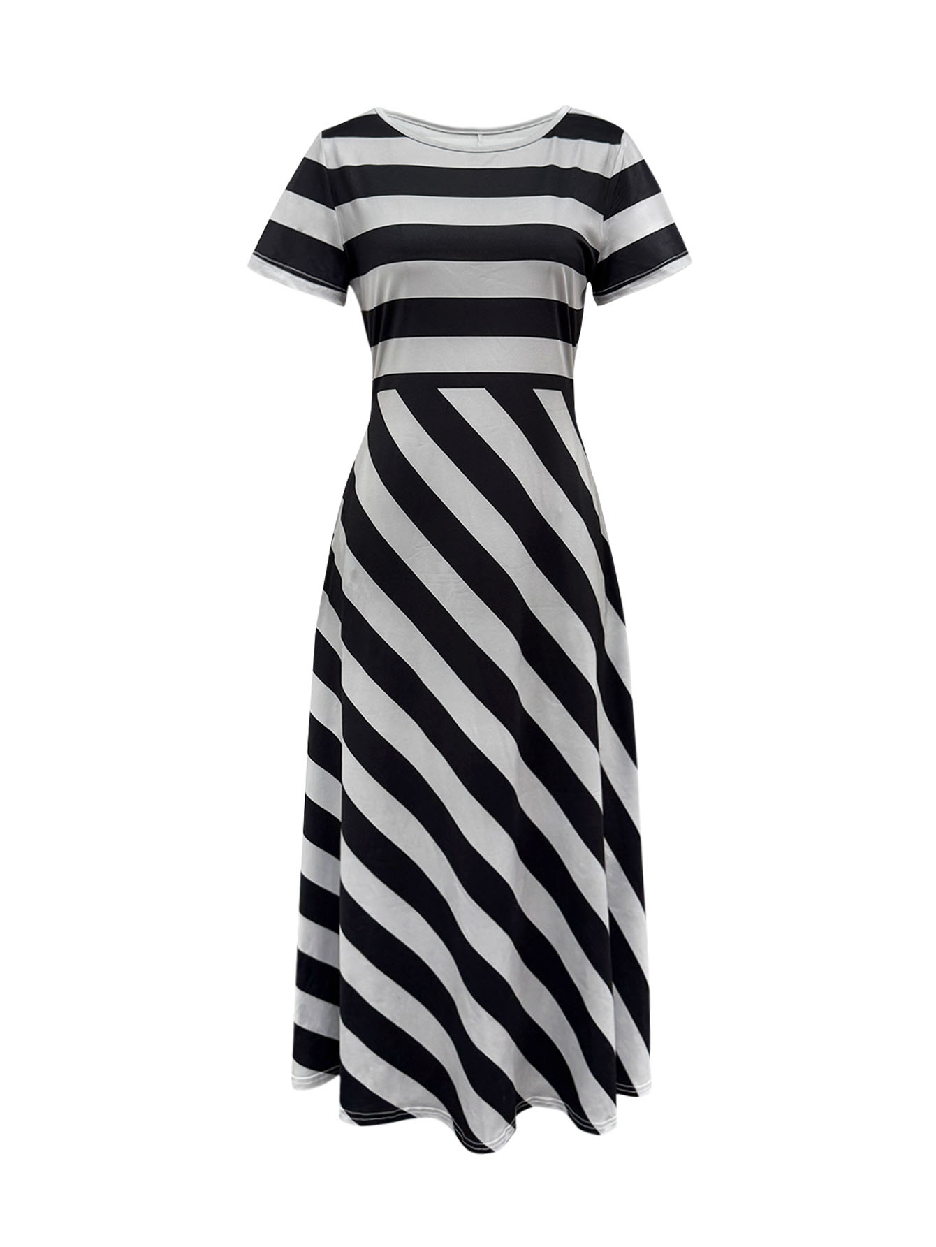 Women's Spring Summer New Fashion Mom - Style Office & Versatile Crew Neck Short - Sleeve Striped Midi Dress-CF53908