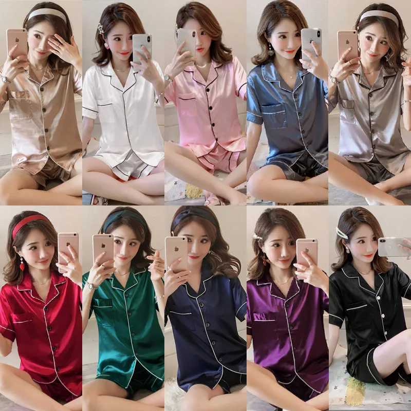 Women Silk Satin Pajamas Set Twopiece Pj Sets Sleepwear Loungewear ButtonDown Pajama Women 2 Piece Pijama Homewear Shorts SetT251014