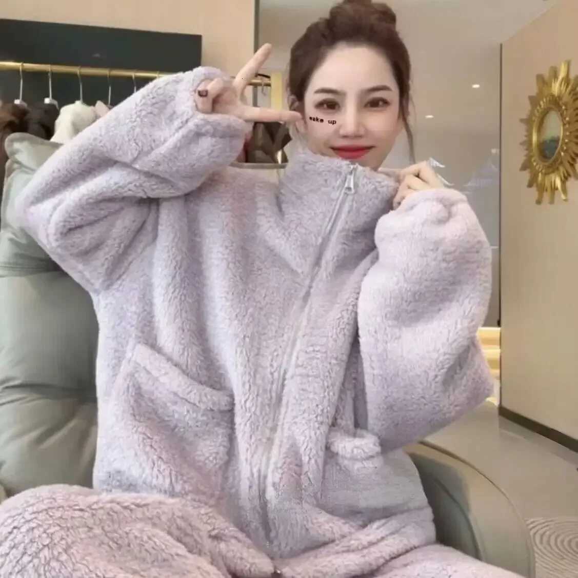 Winter Thickened Fleece Pajamas Womens Zipper Warm Home Clothes Coral Velvet Home Suit TwoPiece Set Cozy Sleepwear Set Y251013