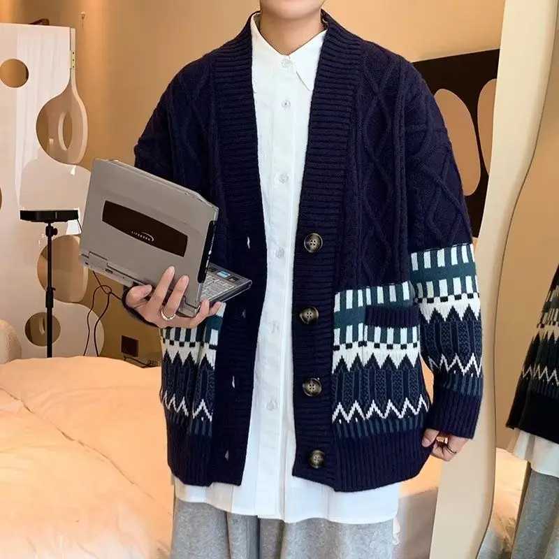 2023 New Autumn and Winter Fashion Academy Style Vne Printed Single Breasted Loose Casual Oversize Mens Sweater Cardigan W251014