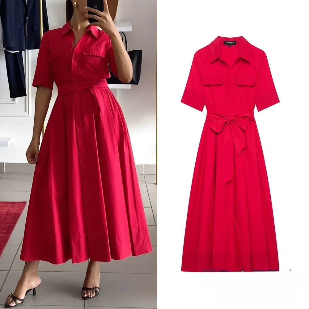KONDALA Casual Chic Red Women Sashes Long Dress Women Pockets Short Sleeve Summer Dress Fashion 2025 Spring Summer Women Vestido251010