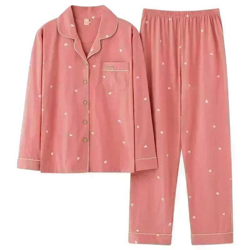 High Quality Large Size Women Cotton Pajamas Button down Tops and Trousers Set Sleepwear Homewear Printing Nightwear LoungewearT251014