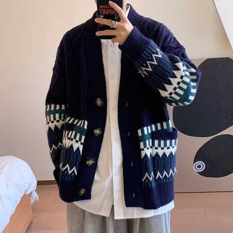 2023 New Autumn and Winter Fashion Academy Style Vne Printed Single Breasted Loose Casual Oversize Mens Sweater Cardigan W251014