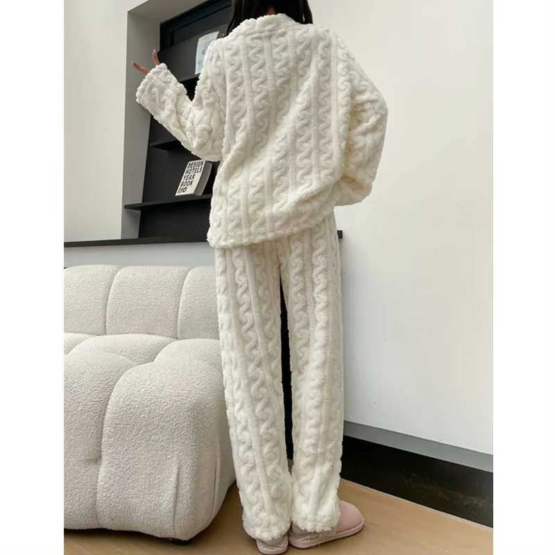 Thickened Pajama Pants Set Piece Set Womens Warm Coral Velvet Half Zip Long Sleeve Sleepwear Elastic Striped Jacquard Homewear Y251013