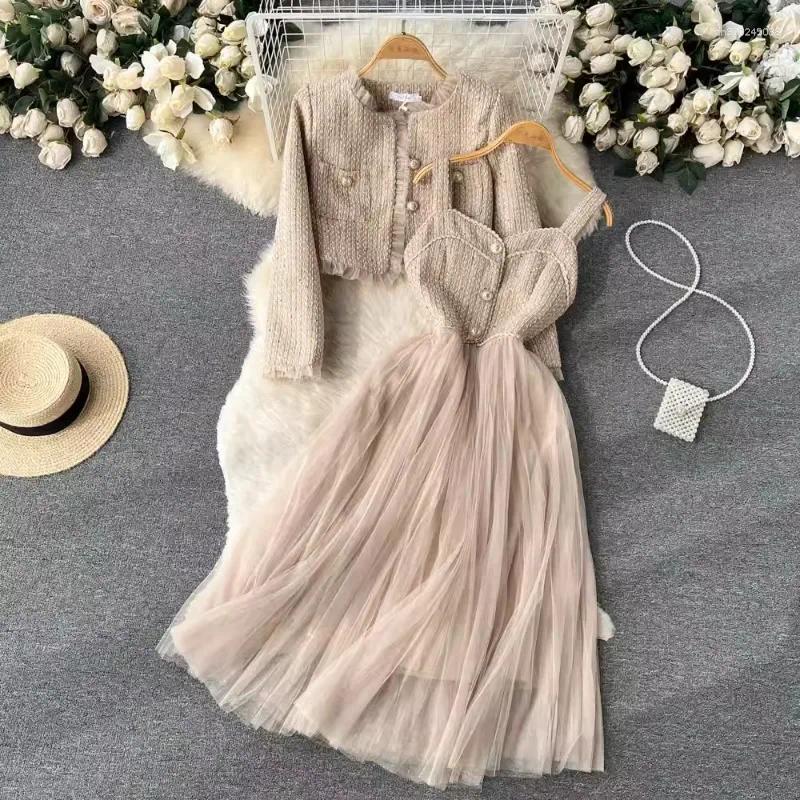Women's Two Piece Pants Dresses Sets Korean Suit Women Clothing Patchwork Gauze Crop Coats Tunic Sling Maxi Dress Outfits Sweet Chic Set