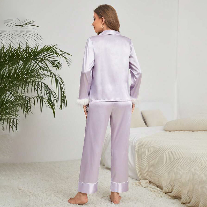 Spring/Fall Women's Silk Satin Feather-Patchwork Long-Sleeve Pants Sleepwear Set for Homewear
