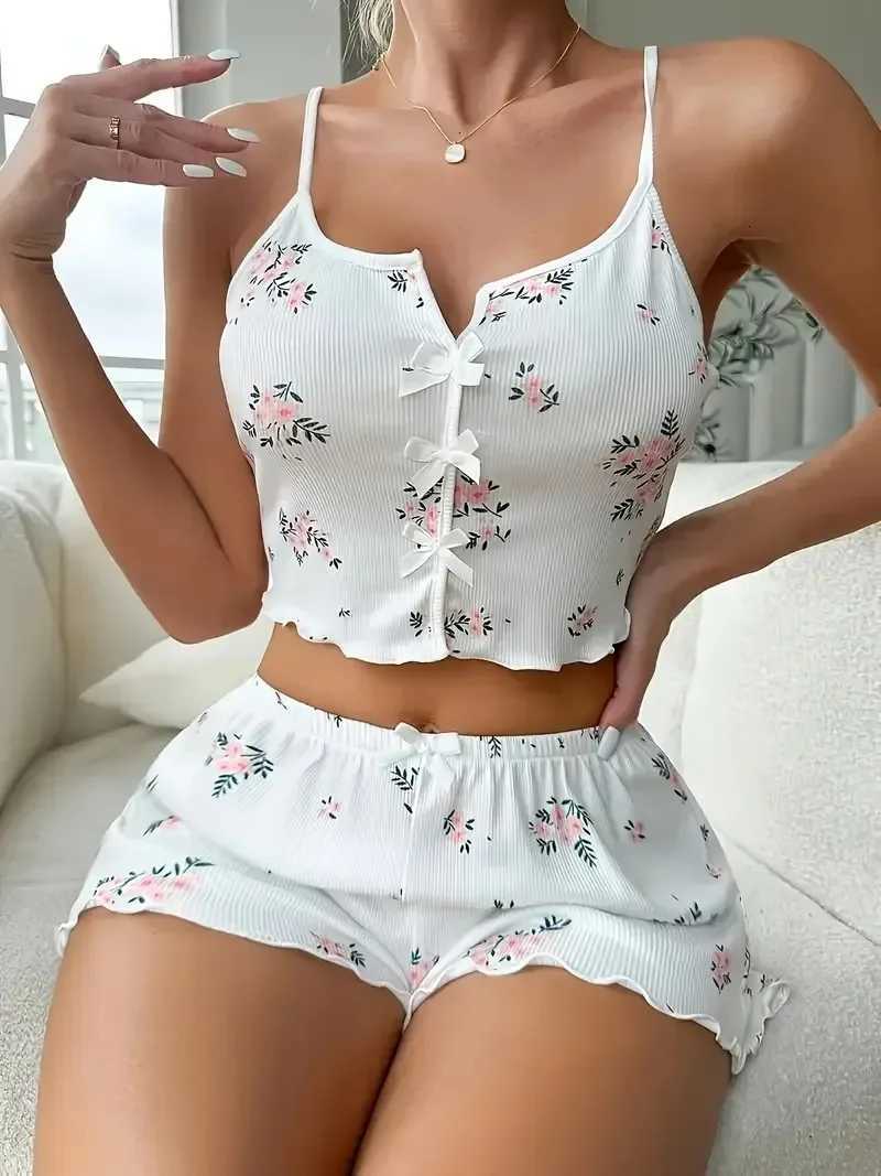 Women Summer Sleepwear Fashion Floral Print V Neck Cami Top and Lettuce Trim Shorts Pajama Set Loungewear Home WearT251014