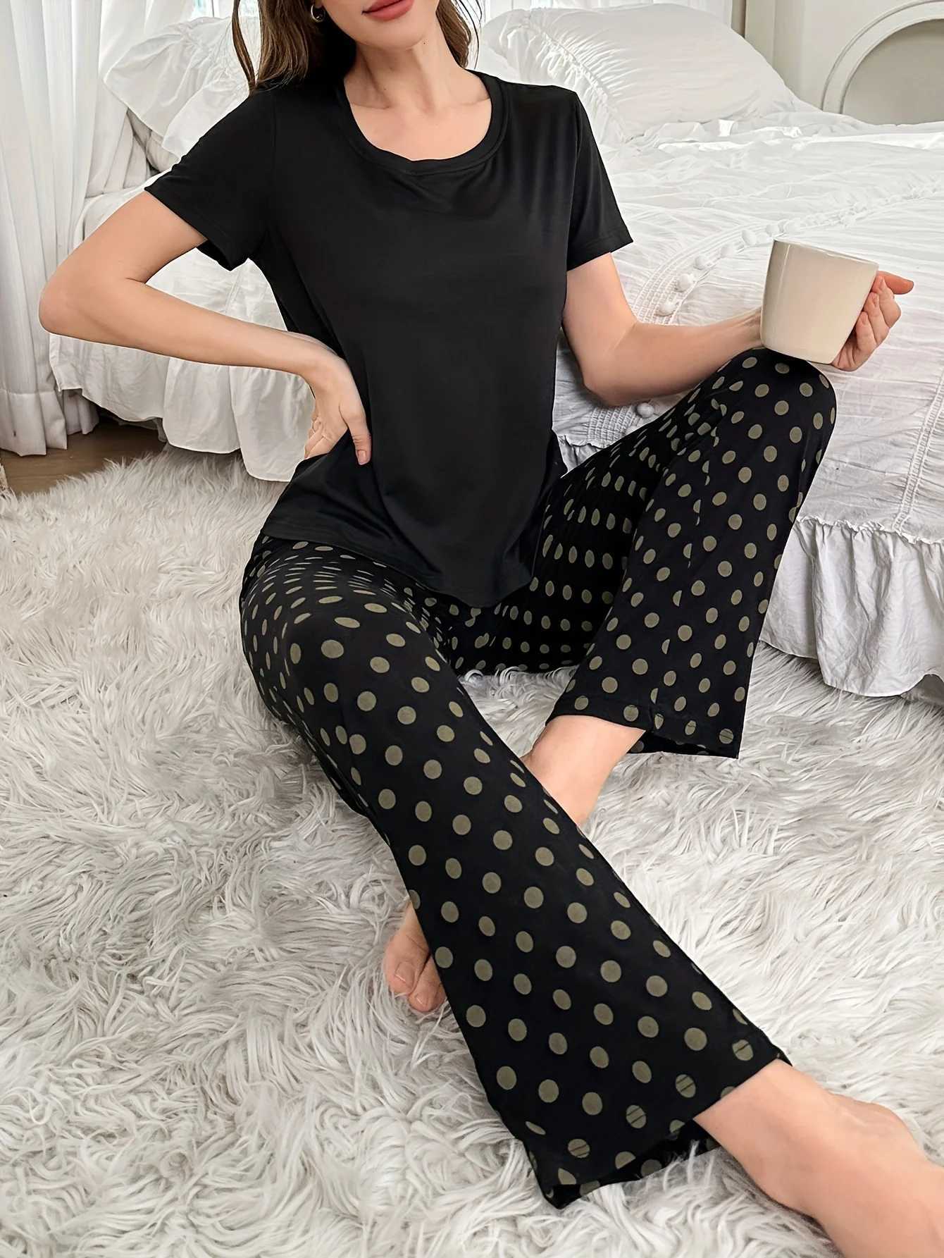 2Piece Womens Pajama Set Polka Dot Print ShortSleeved Pants SetT251014