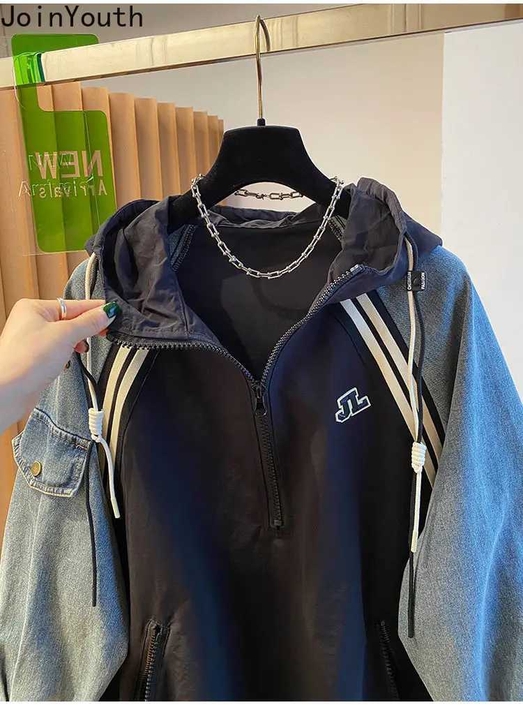 Oversized Sweatshirts for Women Patchwork Denim Streetwear Y2k Tops 2025 Ropa Mujer Hooded Contrast Color Vintage Hoodies 27u340 J251014