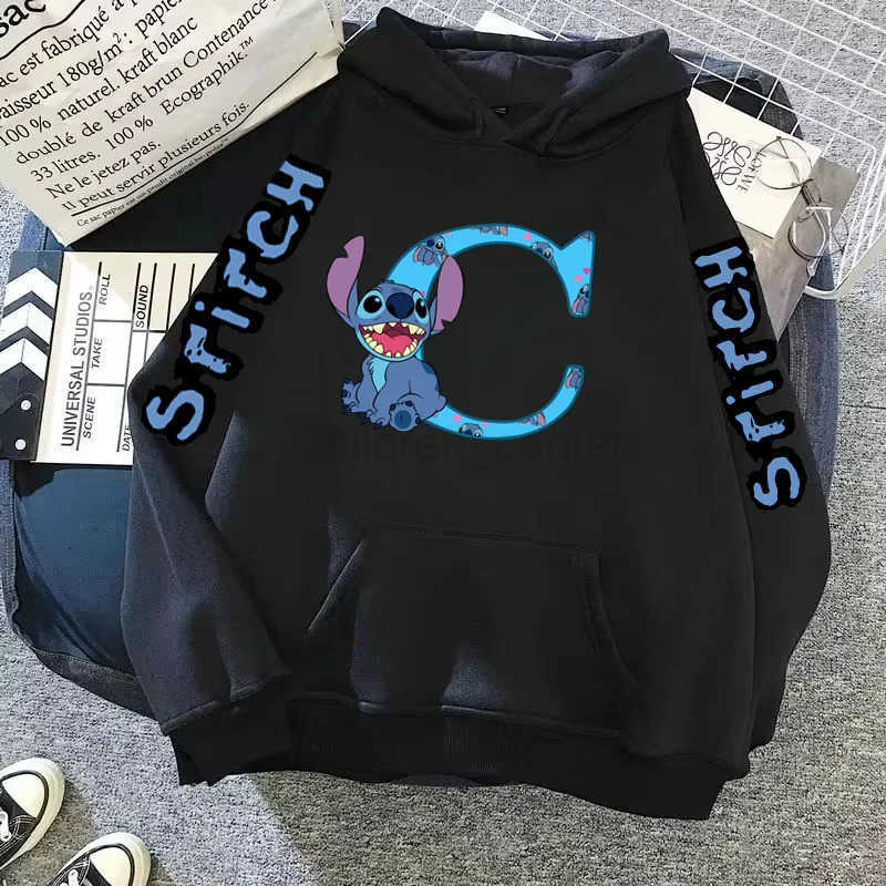 Disney 2025 Womens Winter Jacket Cute Kawaii Lilo Stitch Lucky Letter Print Black Hoodie Fashion Couple Streetwear Sportswear H251014