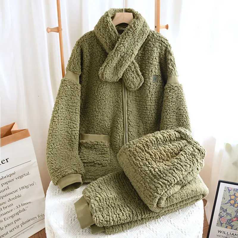 Thickened coral fleece pajamas women autumn winter lambskin fleece scarves home wear warm couple sets fleece can be worn outsideT251014