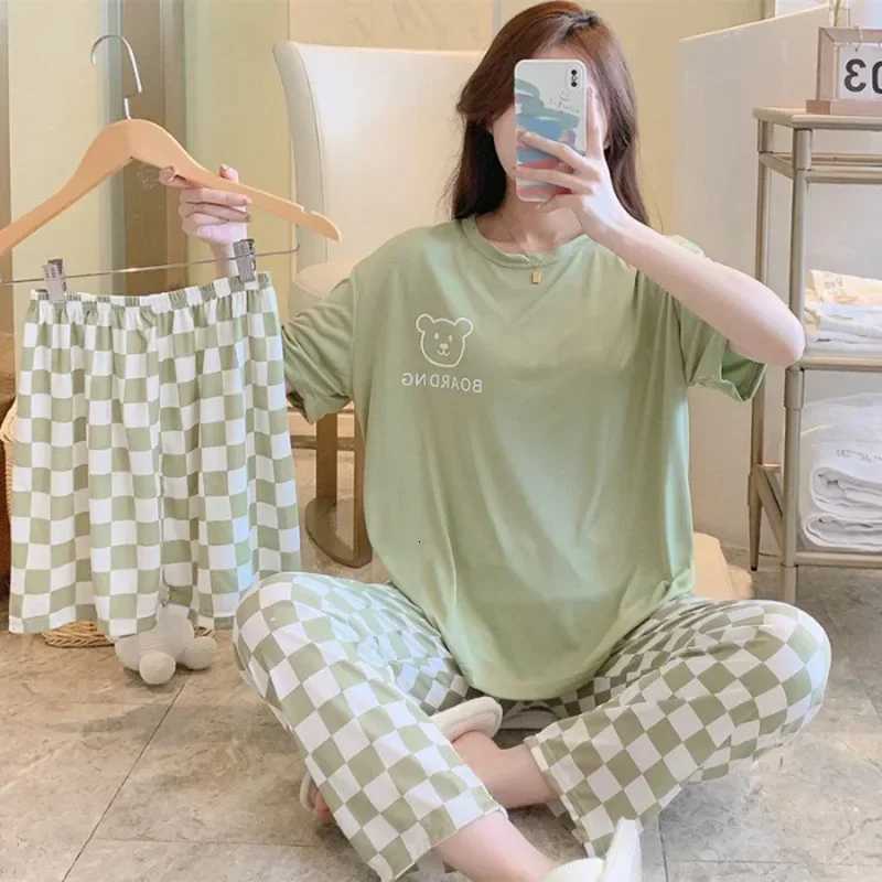 3PcsSet Sexy Pajamas Womens Short Sleeve Cartoon Bear Girls Student Pajamas Homewear Round Neck Letter Plaid Ladies Solid ColoT251014