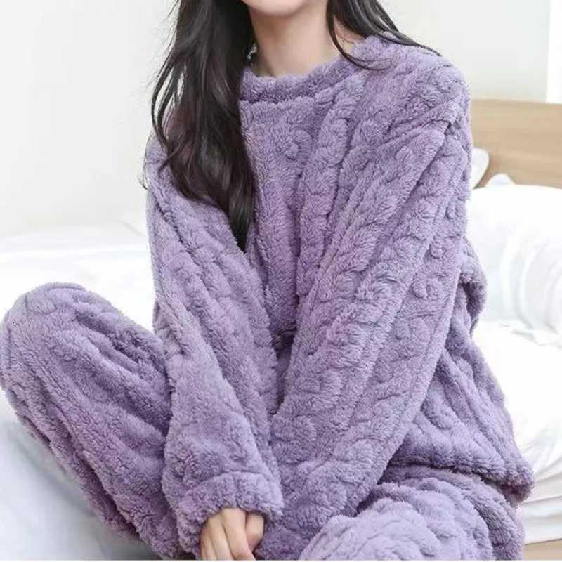 Autumn Winter Loose Sweet Casual Pajamas Womens Set Thick Fleeceing Wool Long Sleeve Top Home Elastic Waist Long Pants TrousersT251014