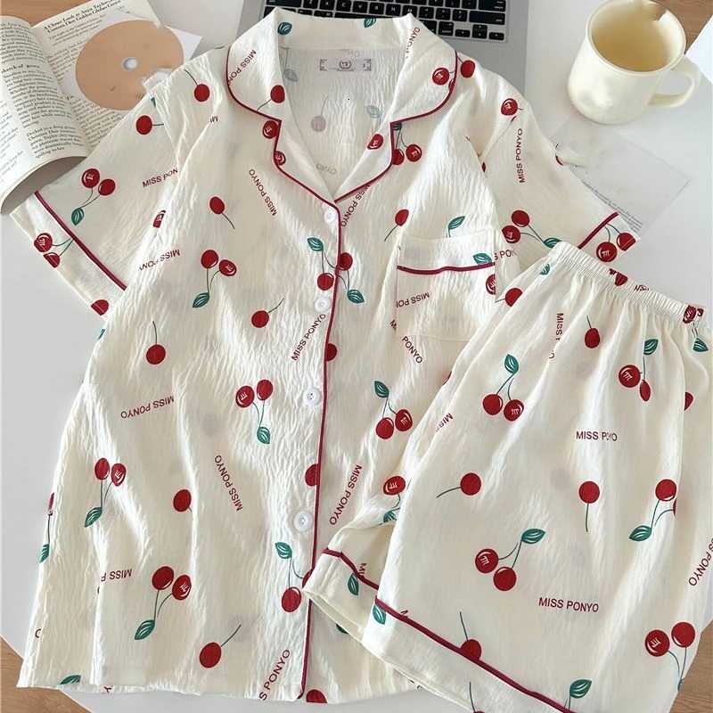 Cherry Letter Print Korean Style Womens Pajamas Set Casual Y2K Outside Summer New 2025 Pajamas Set for Women Sweet Home WearT251014