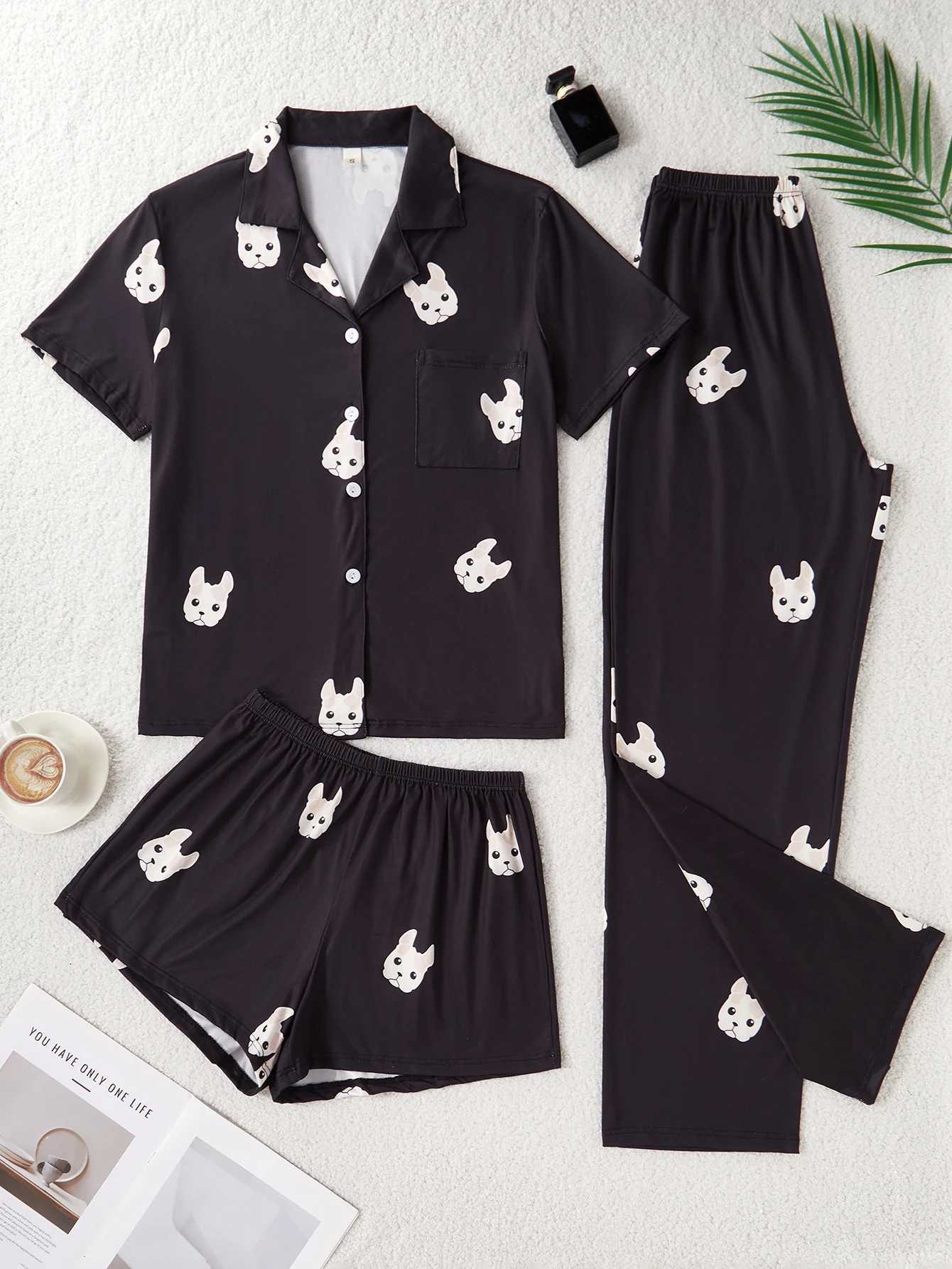 A new style of cute French Bulldog cartoon dog print pajama set shortsleeved shirt long pants and short pants threepiece caT251014