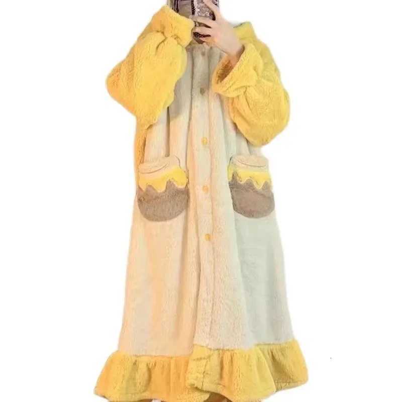 Cartoon Cute Coral Fleece Hooded Robe Womens Winter MidLength Loose Warm Velvet Bathrobe Nightgown Home Clothes Y251013