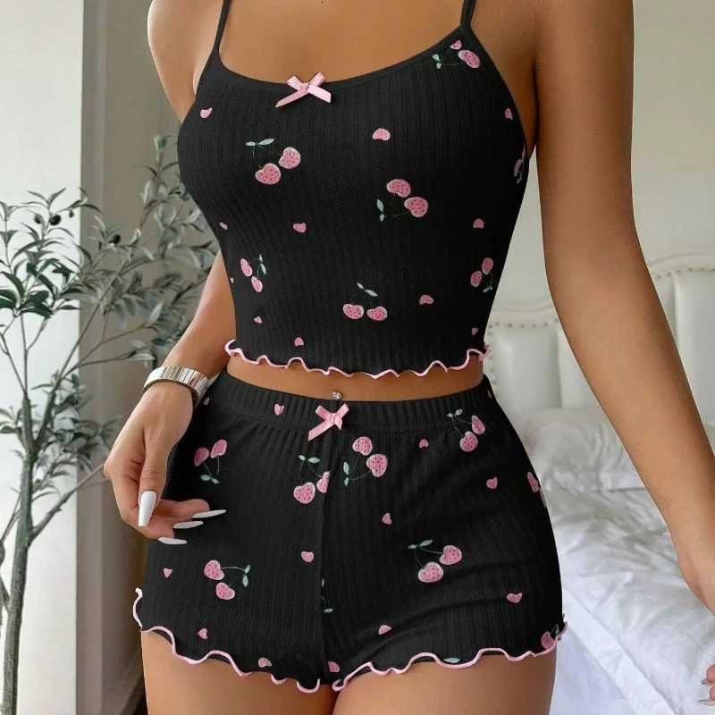 Womens Heart Print Sexy Ribbed Bow Decor Pajama Set Round Neck Backless Comfortable Crop Cami Top Shorts Summer NightwearT251014