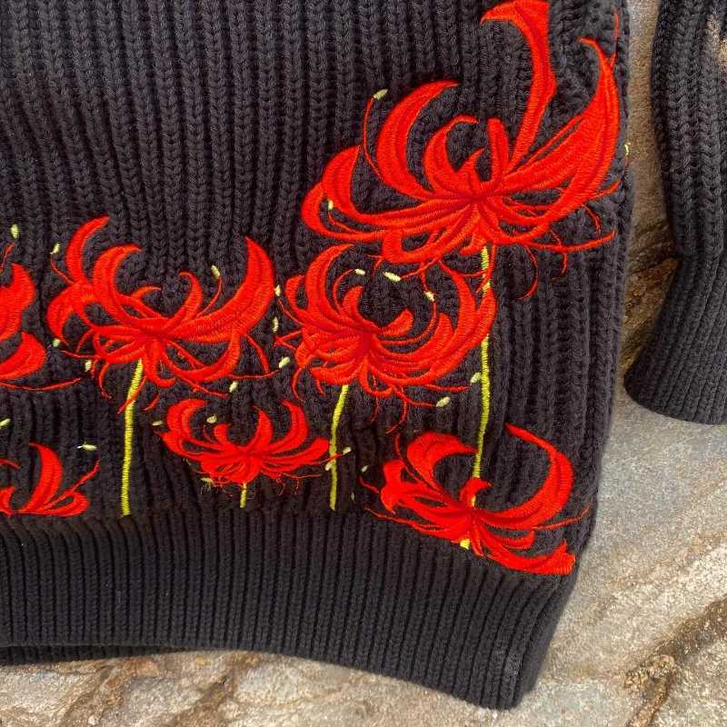 Y2K R Flower Knitted Sweater Embroidery Pattern Spider Lily Autumn Winter Pullover Trendy Hip Hop Harajuku Unisex Cloing W251014