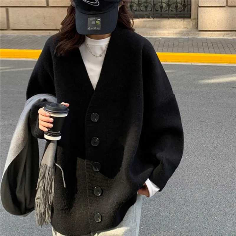 Minimalist Cardigans for Women Loose Bla Single Breasted Vne Knitted Soft Warm Autumn Winter Leisure Simple Ins W251014