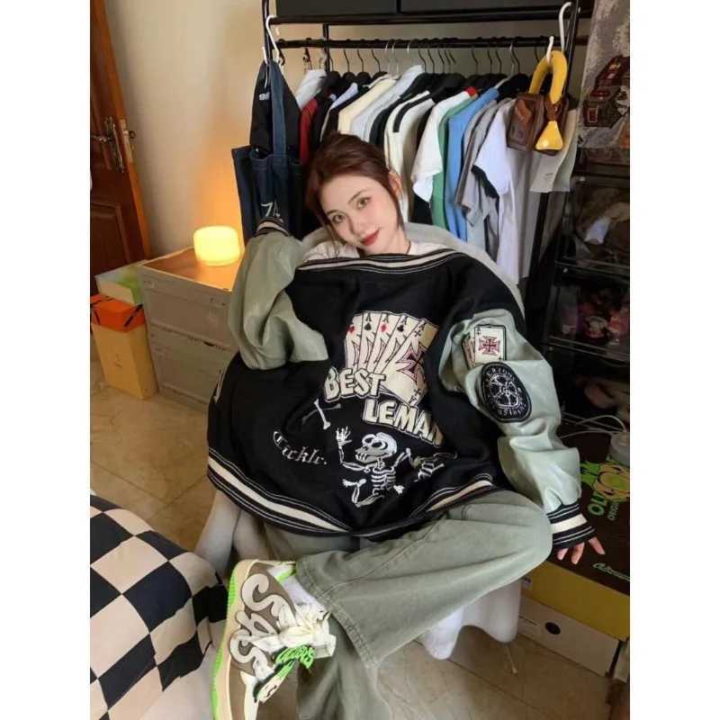American New Retro Letter Flocking Splicing Jacket Female Y2K High Street Fashion Hiphop Loose Tooling Baseball Uniform Jacket J251014