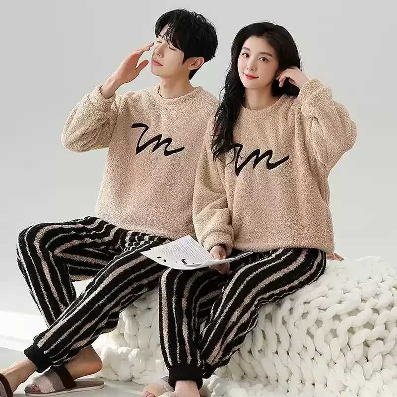 Coral Fleece Autumn and Winter Couple Pajamas Fleecelined Thickened Cartoon Sweet Flannel Winter Homewear Women Men NightwearT251014