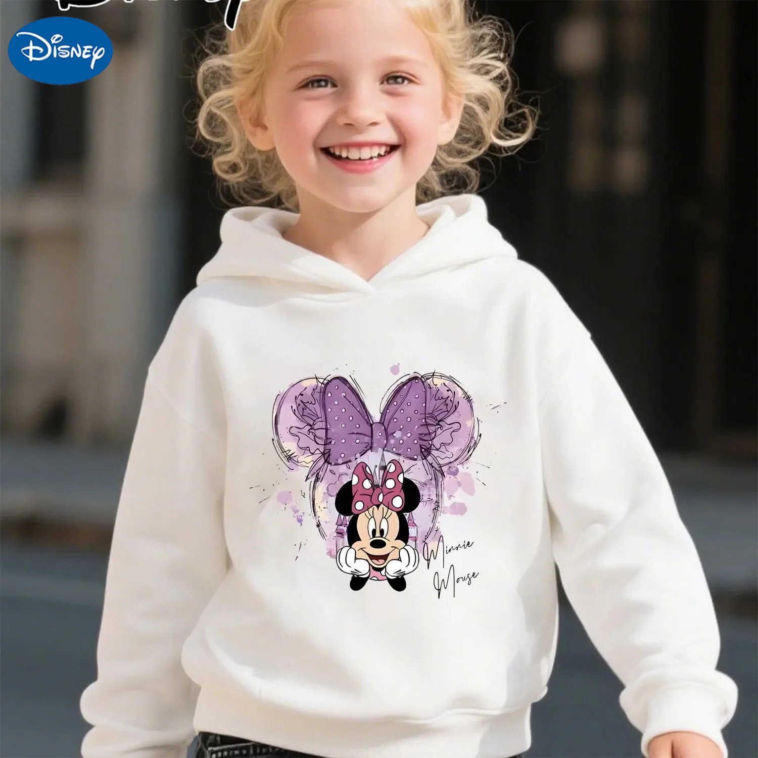 Disney Minnie Mouse Pattern Long Sleeve Sweatshirt Hooded Casual Winter Top Cute Minnie Bow Decorated Childrens Clothing H251014