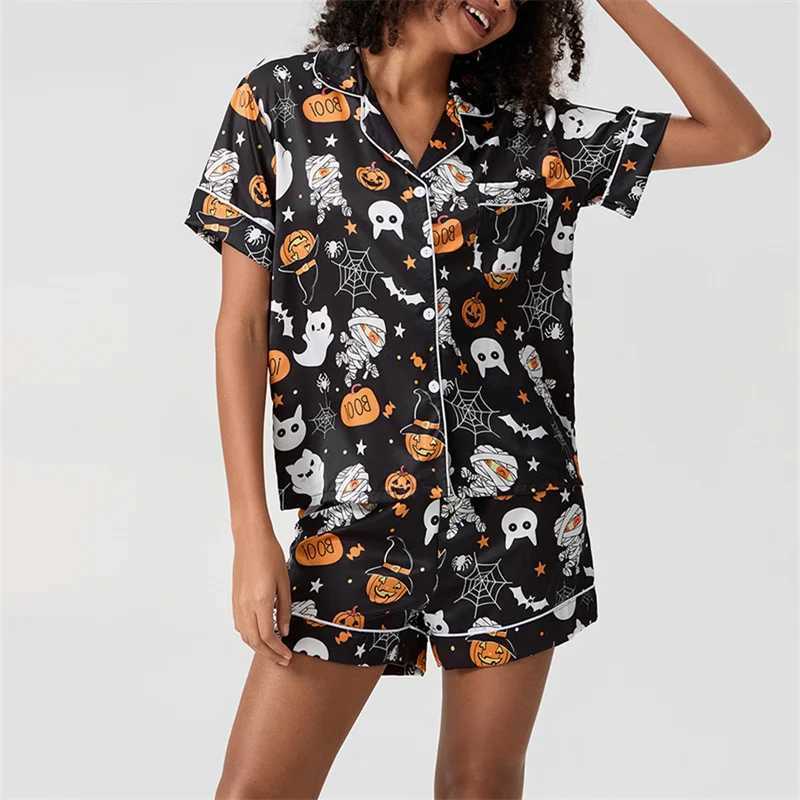 Halloween 2 Piece Pajama Set Women Ghost Pumpkin Graphic Short Pajamas Set Short Sleeve Button Top Comfy Shorts SleepwearT251014