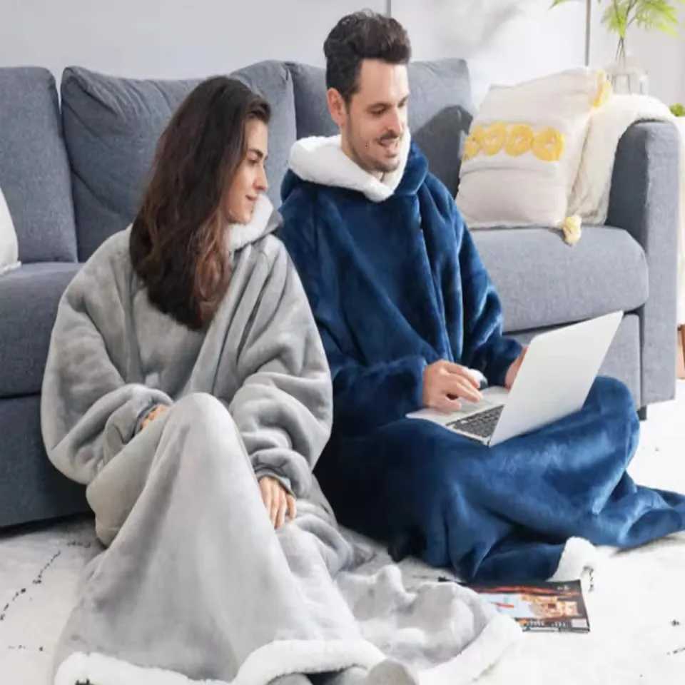 180cm Super Long Flannel Blanket Pyjamas with Sleeves Winter Hoodies Sweatshirt Women Men Pullover Fleece Giant Oversized Outd Y251013
