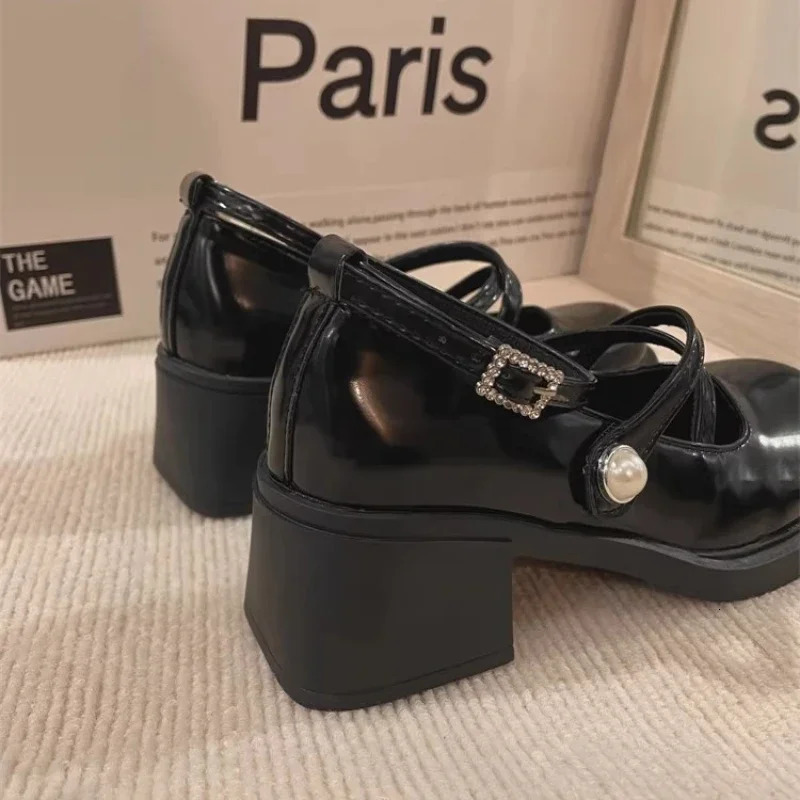 Womens Mary Jane Shoes Retro Brown Women High Heel Thick Heels Ankle Buckle Lolita Shoes Fashion Round Toe Leather Shoes Female 251010