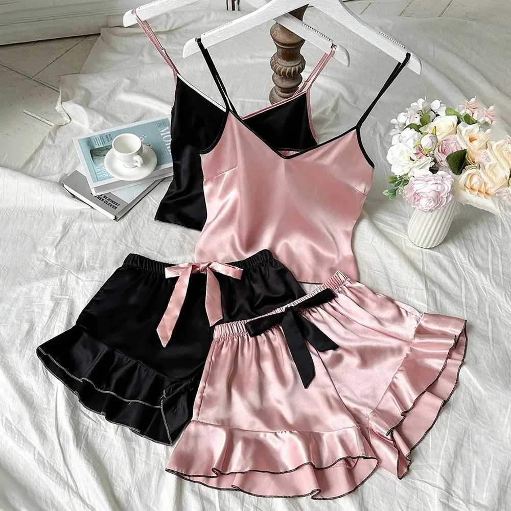 Womens Smooth Satin Pajamas VNeck TShirt Ruffled Edges And Bow Shorts Simple And Breathable Pajama Set Sling Home ClothingT251014