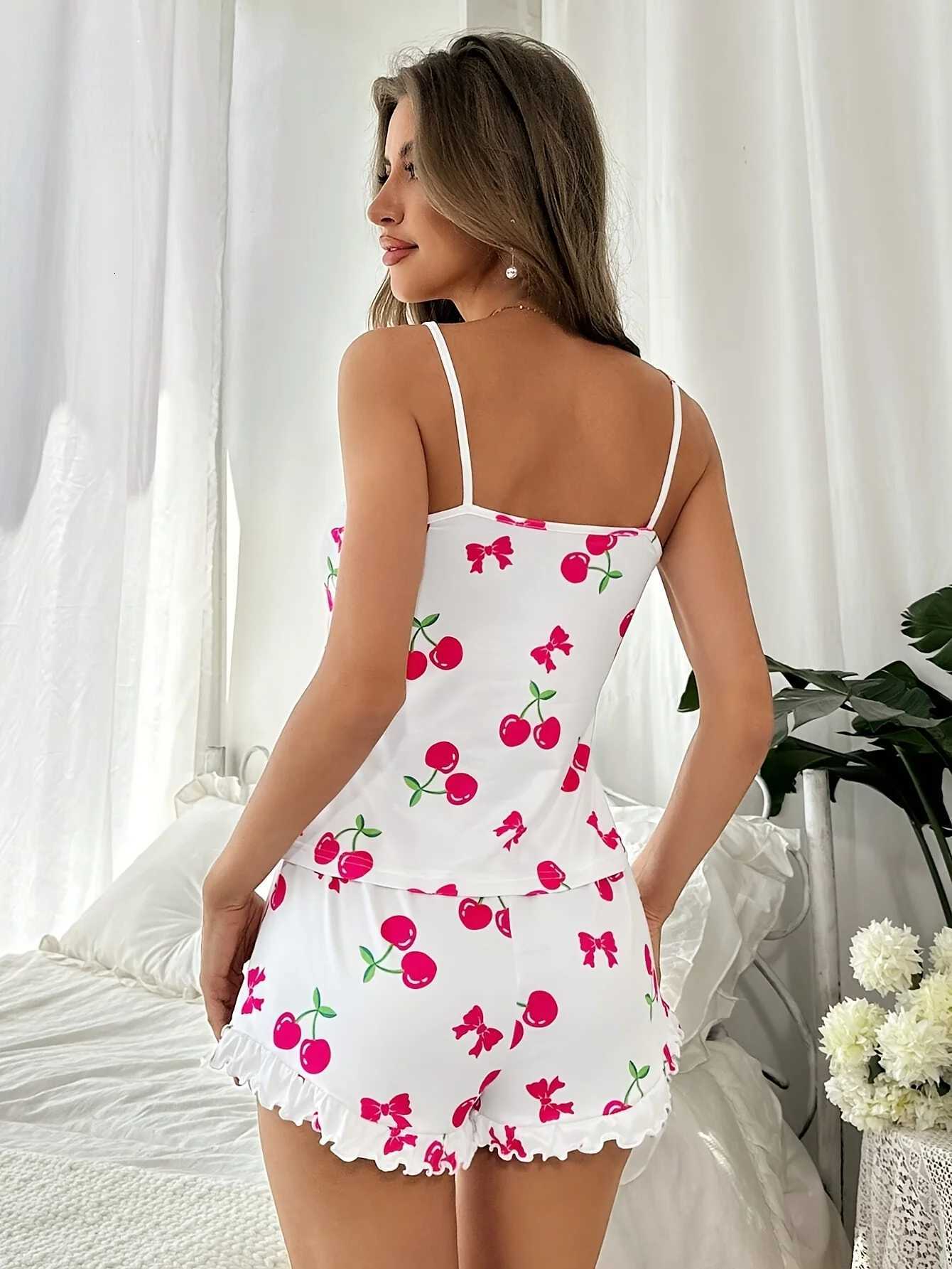 Cherry Print Women Pajama Set 2 Piece Sleepwear Cute Cami Top and Ruffle Shorts Nightwear Lounge Set Homewear for Women GirlsT251014