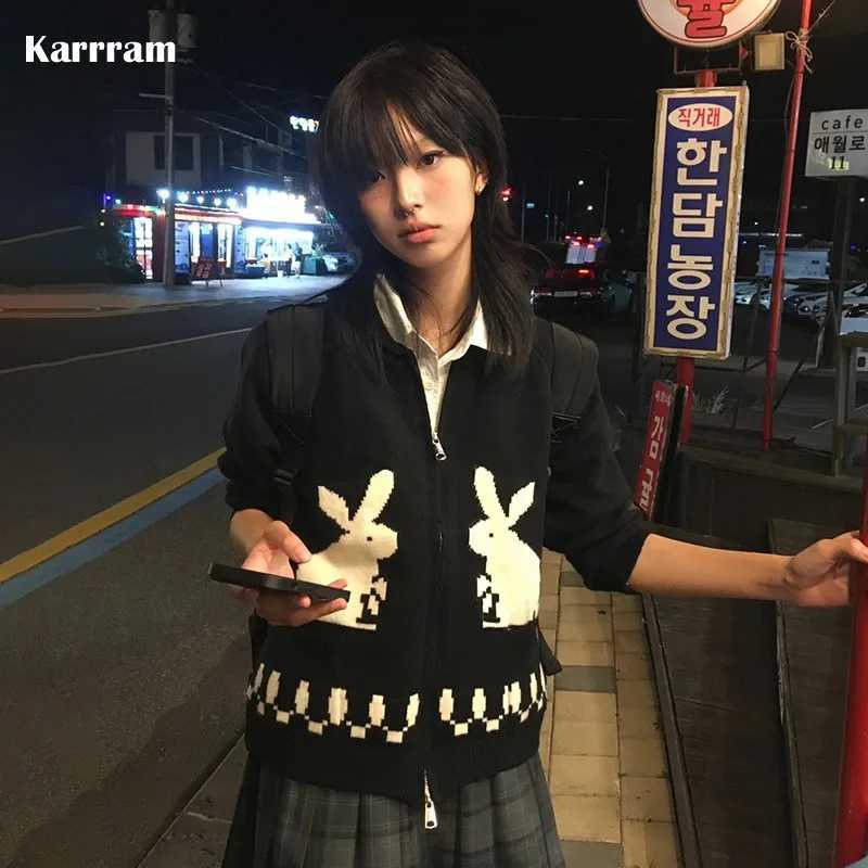 Karrram Japanese Y2k Knit Cardigans Vintage Rabbit Embroidery Zipper Knitwear Harajuku 2s Korean Knitted Coat Preppy Style W251014