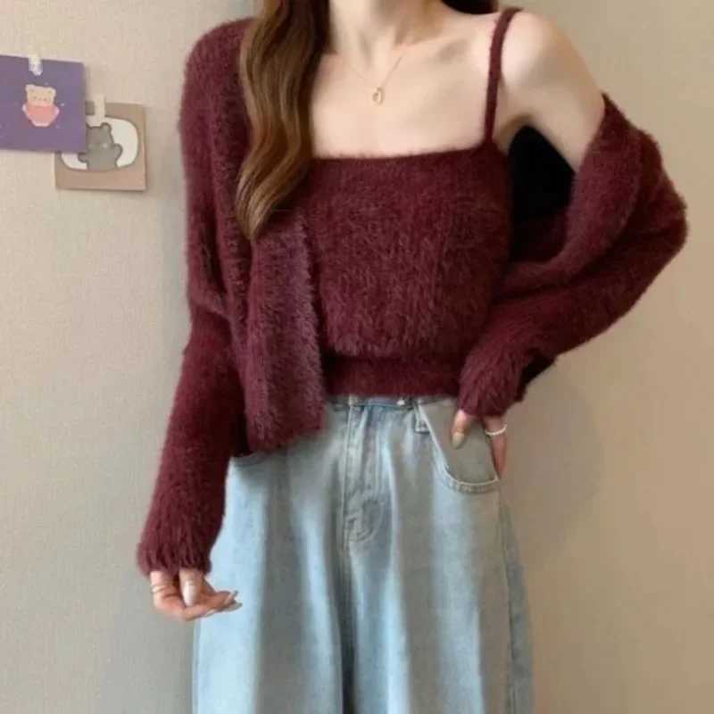 Spring Autumn New 2pc Cardigans V Sets Women Knitted Sveless Sexy Camisole Fashion Casual Female Stretch Cardigan Coat W251014